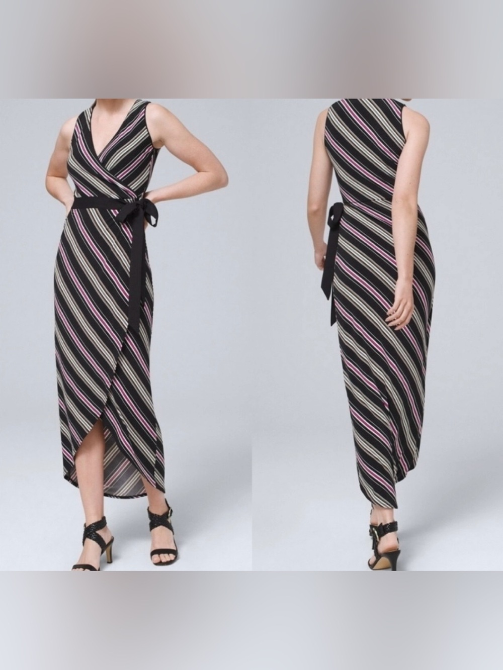 White House Black Market Black Striped Faux Wrap Dress M